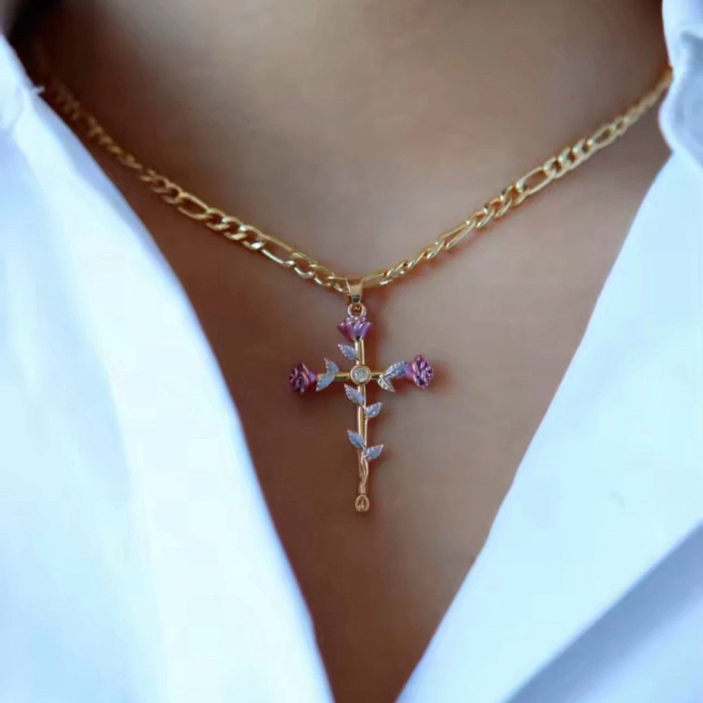 Charm Creative Rose Cross Pendant Women's Necklace Daily Jewelry Accessories